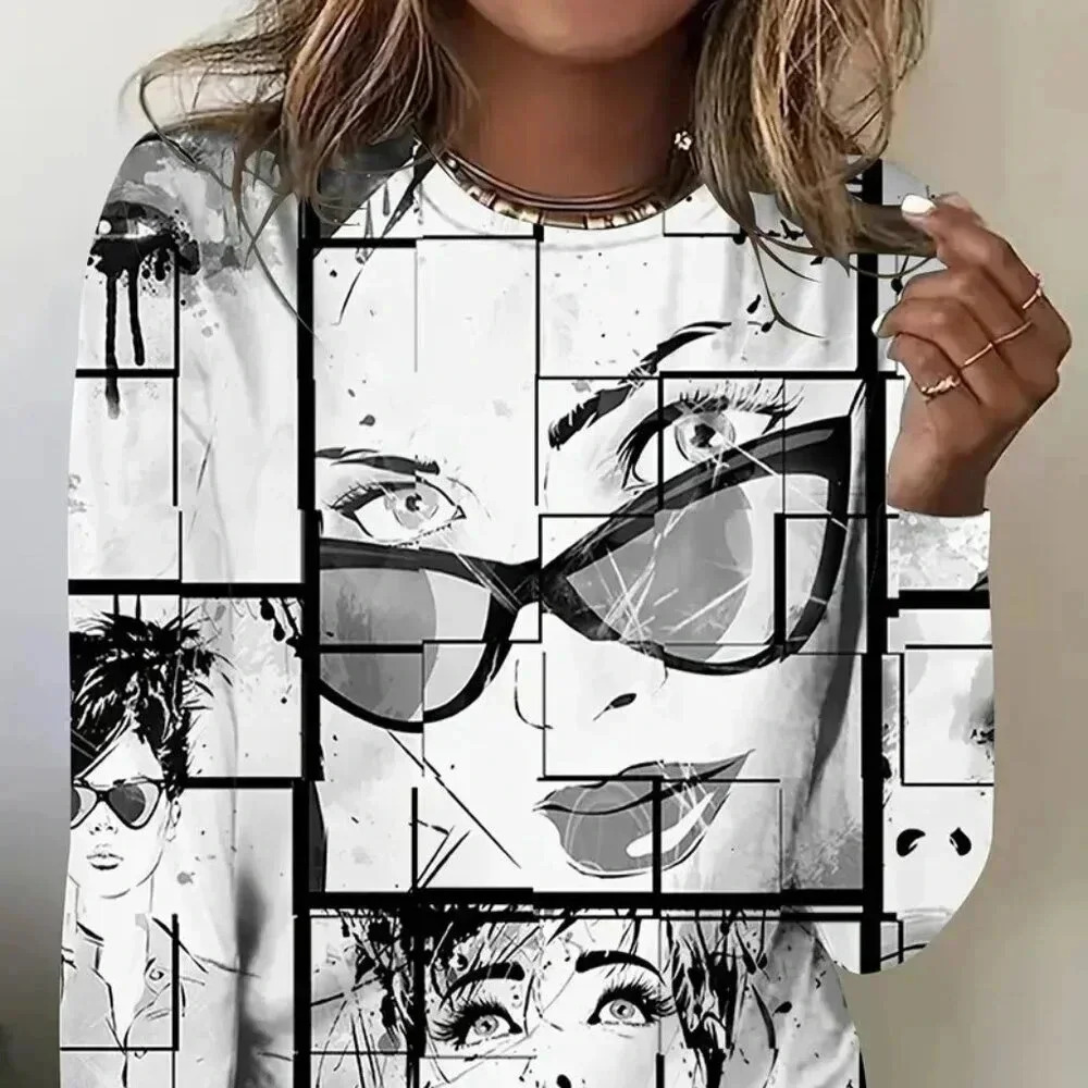 Black and White Graphic Crew Neck Long Sleeve Sweatshirt